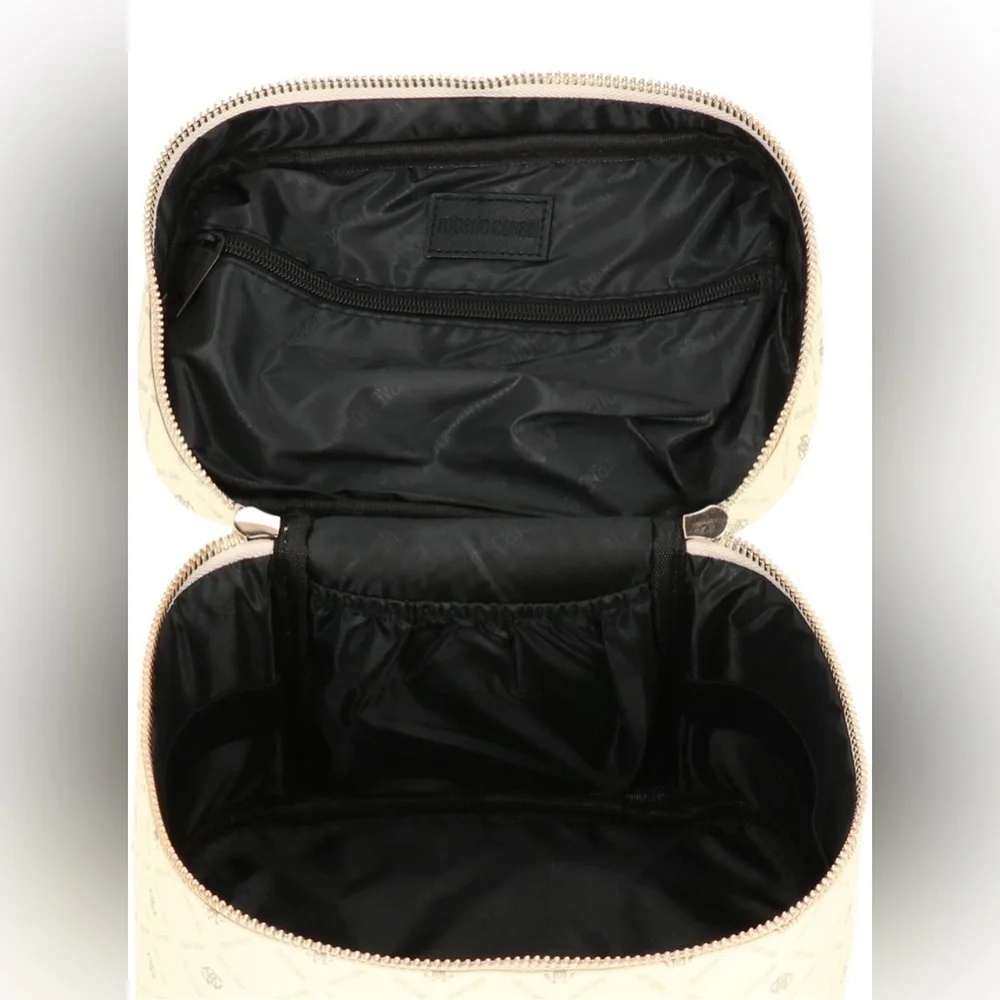 NEW Roberto Cavalli Monogram Cream Cosmetic Toiletry Bag Train Case